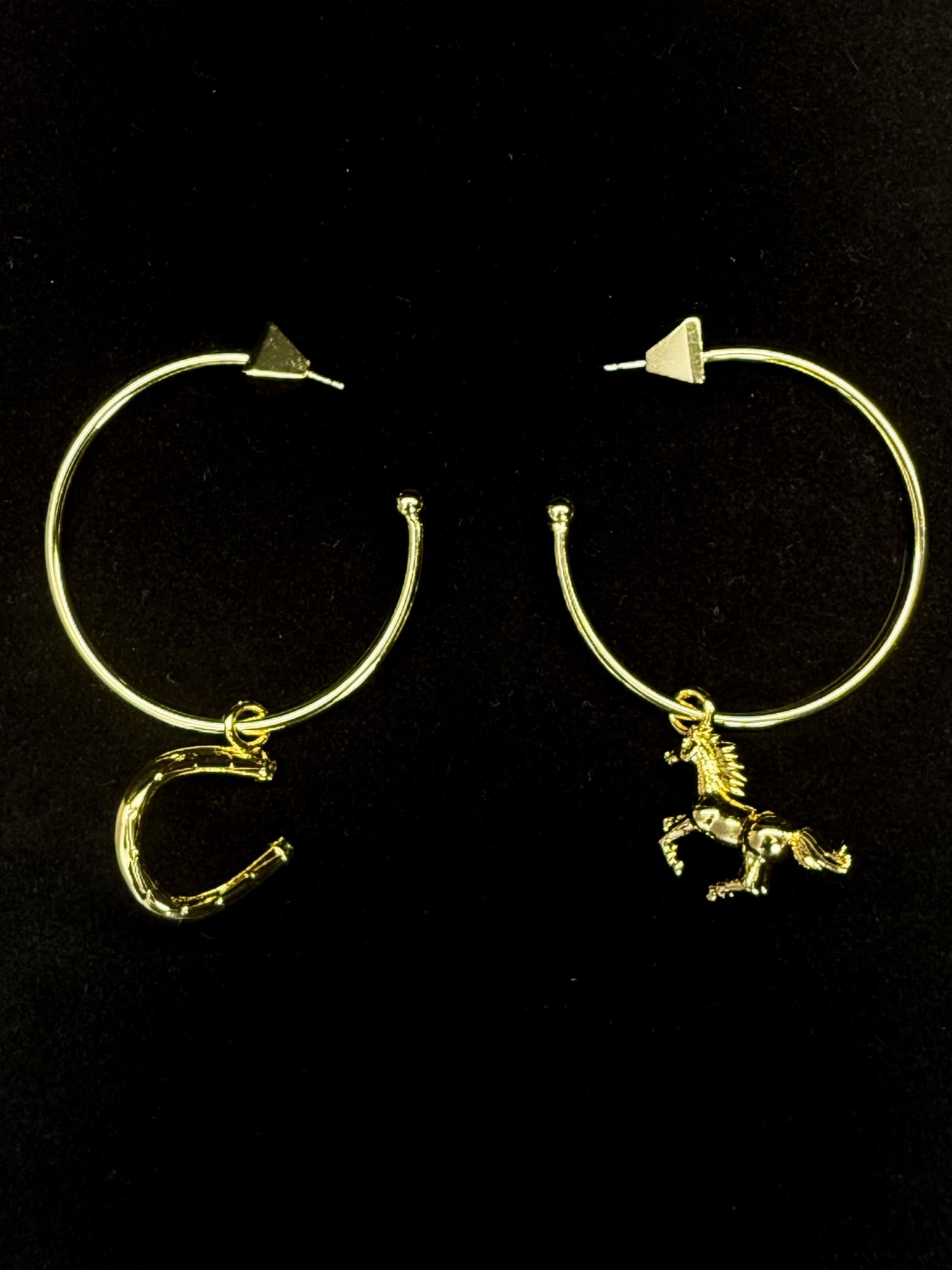Bold AB Design Horse & Horseshoe Hoop Earrings – Gold-Plated Copper Artistic Statement Pair