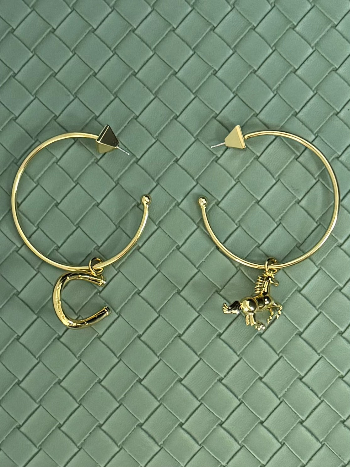 Bold AB Design Horse & Horseshoe Hoop Earrings – Gold-Plated Copper Artistic Statement Pair