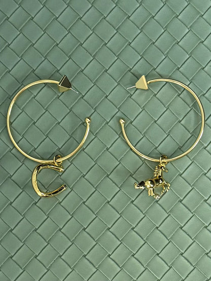 Bold AB Design Horse & Horseshoe Hoop Earrings – Gold-Plated Copper Artistic Statement Pair