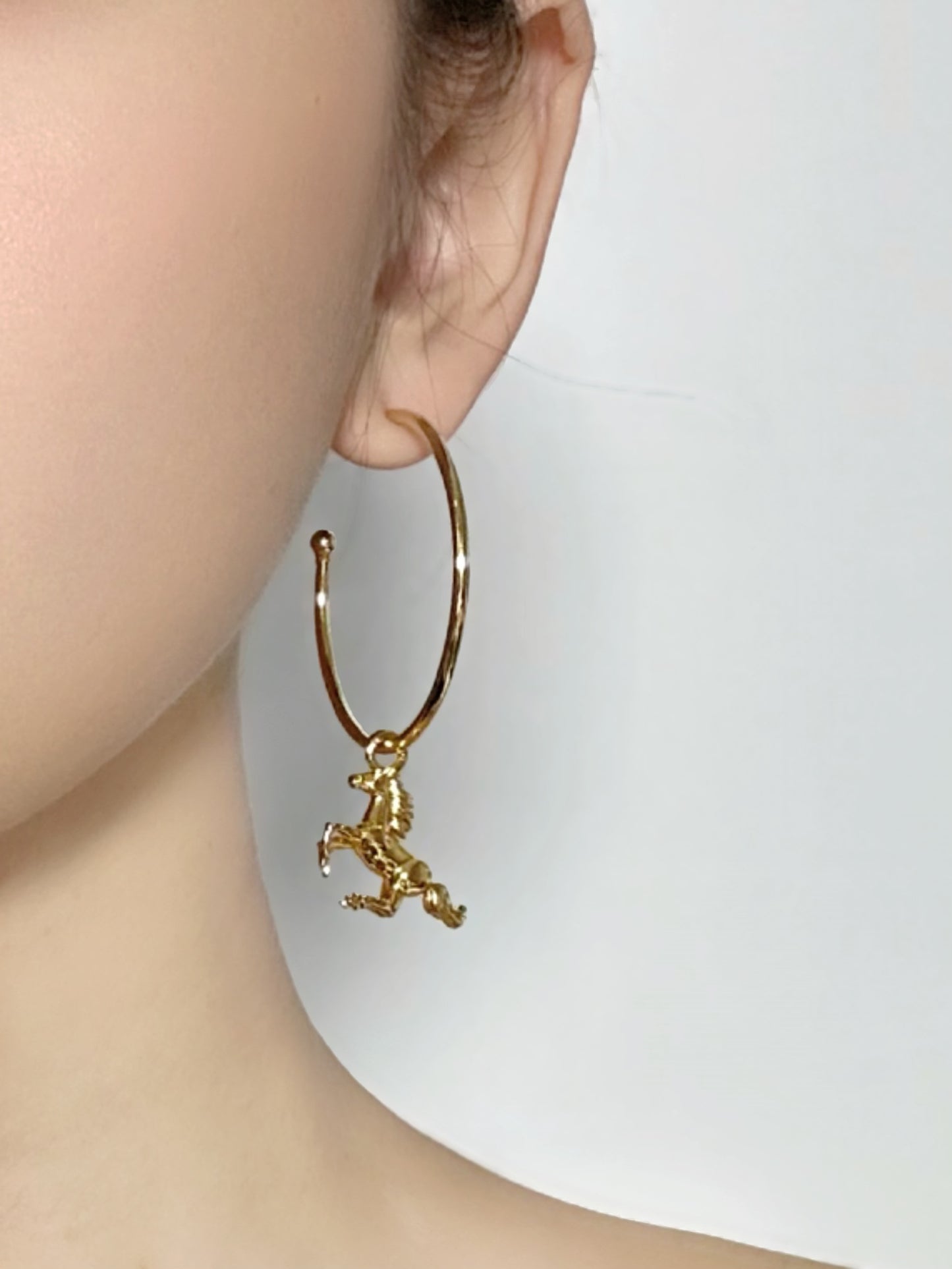 Bold AB Design Horse & Horseshoe Hoop Earrings – Gold-Plated Copper Artistic Statement Pair