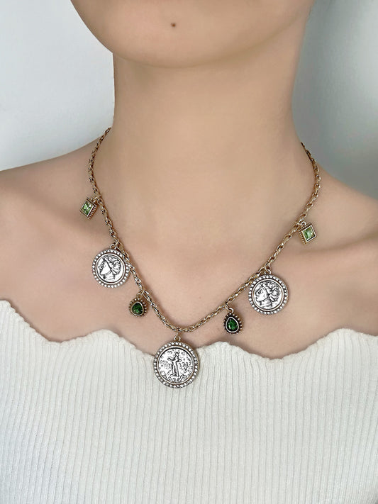 Vintage Roman Coin Portrait Pendant Necklace – Gold-Plated Copper with Green Rhinestone Detail