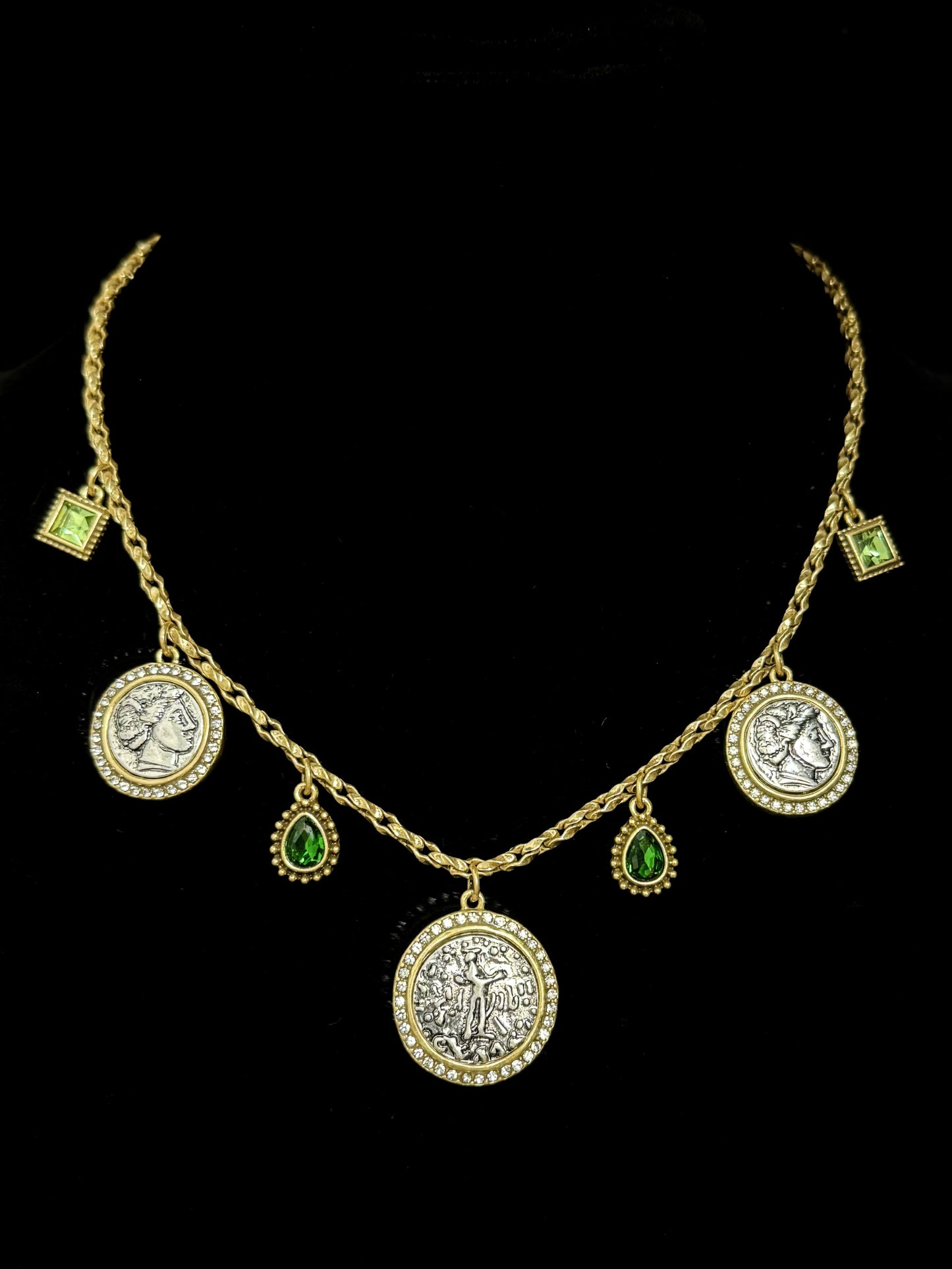Vintage Roman Coin Portrait Pendant Necklace – Gold-Plated Copper with Green Rhinestone Detail