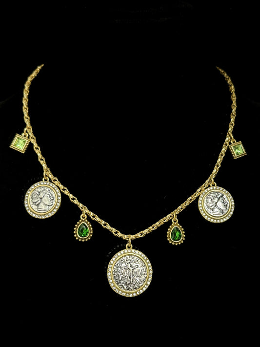 Vintage Roman Coin Portrait Pendant Necklace – Gold-Plated Copper with Green Rhinestone Detail