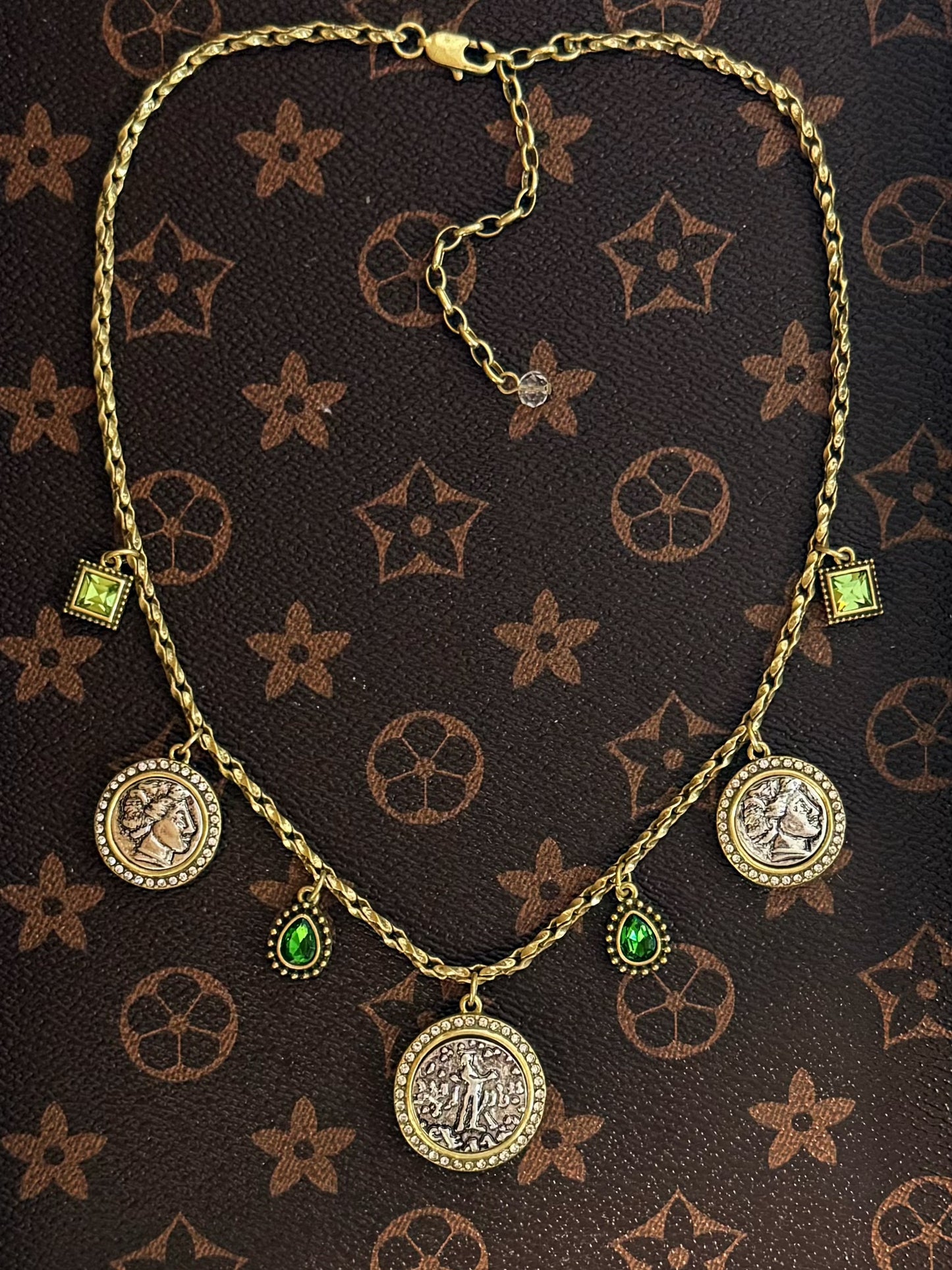 Vintage Roman Coin Portrait Pendant Necklace – Gold-Plated Copper with Green Rhinestone Detail