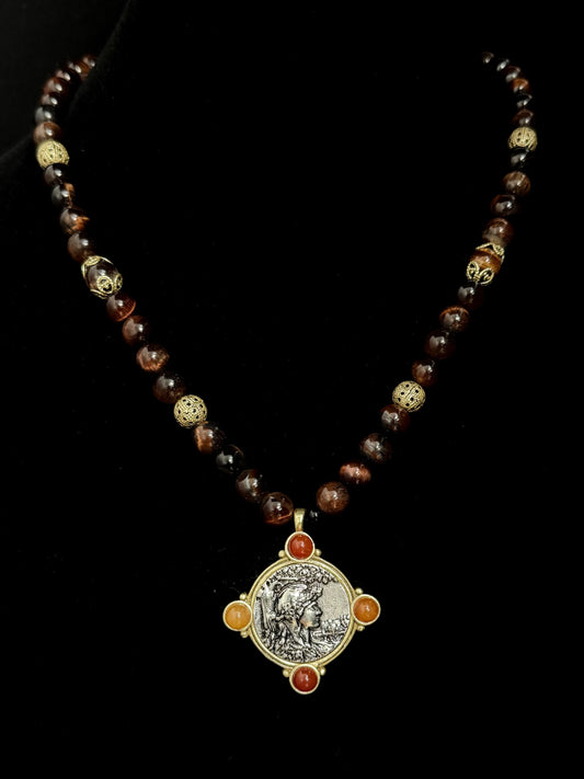 Vintage Tiger Eye Beaded Necklace with Brass Embossed Coin Pendant – Heavywork Indie Luxury Design