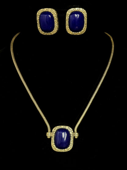 Vintage Elegance Lapis Lazuli Cube Pendant Necklace & Earrings Set – Gold-Plated Minimalist Jewelry
