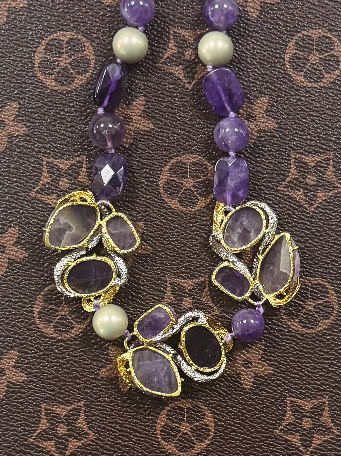 Vintage Inspired Designer Statement Necklace with Gold Plating & Full-set Amethyst Crystals