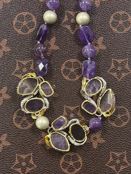 Vintage Inspired Designer Statement Necklace with Gold Plating & Full-set Amethyst Crystals