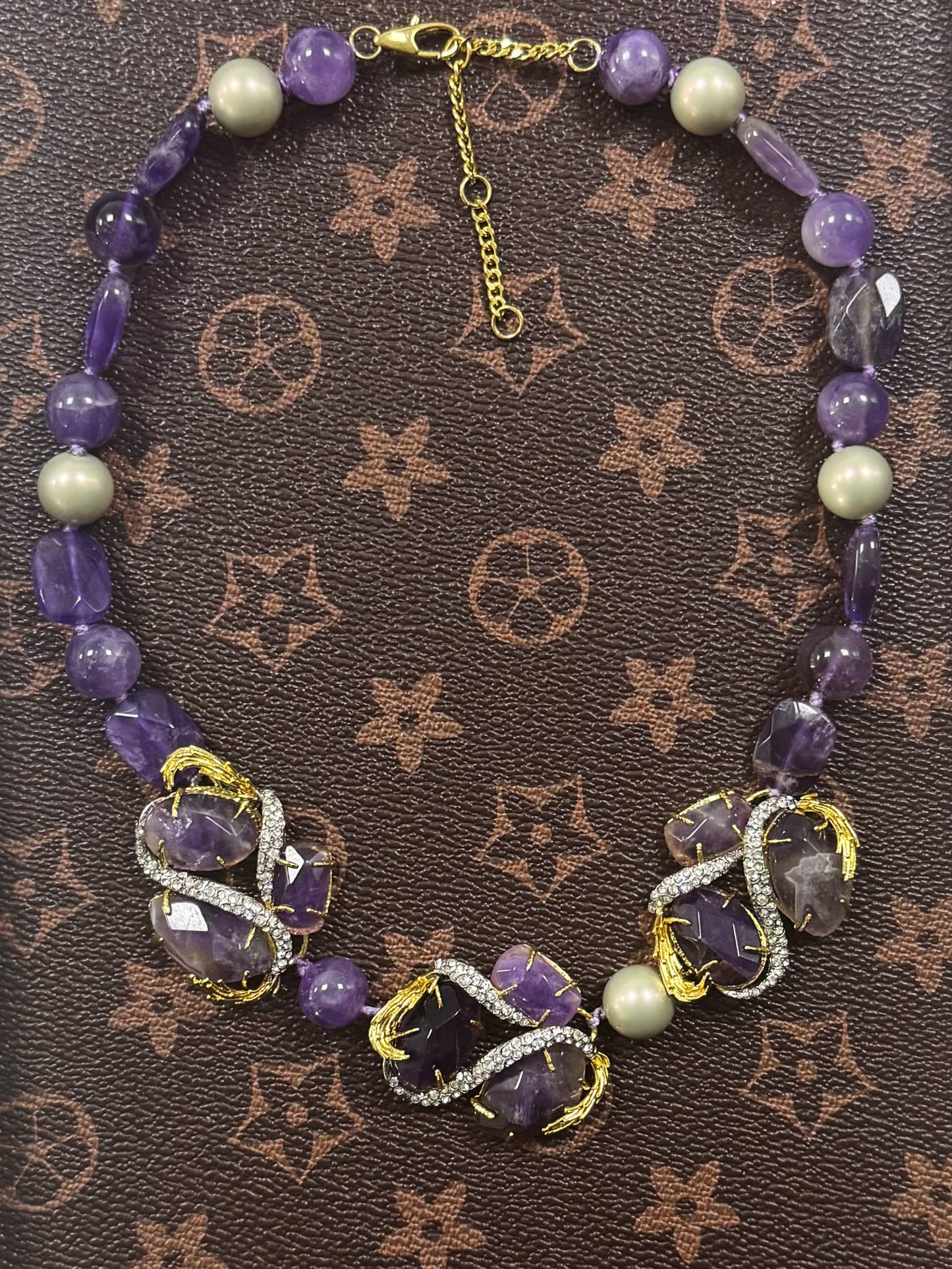 Vintage Inspired Designer Statement Necklace with Gold Plating & Full-set Amethyst Crystals