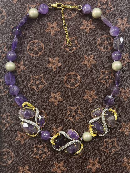 Vintage Inspired Designer Statement Necklace with Gold Plating & Full-set Amethyst Crystals