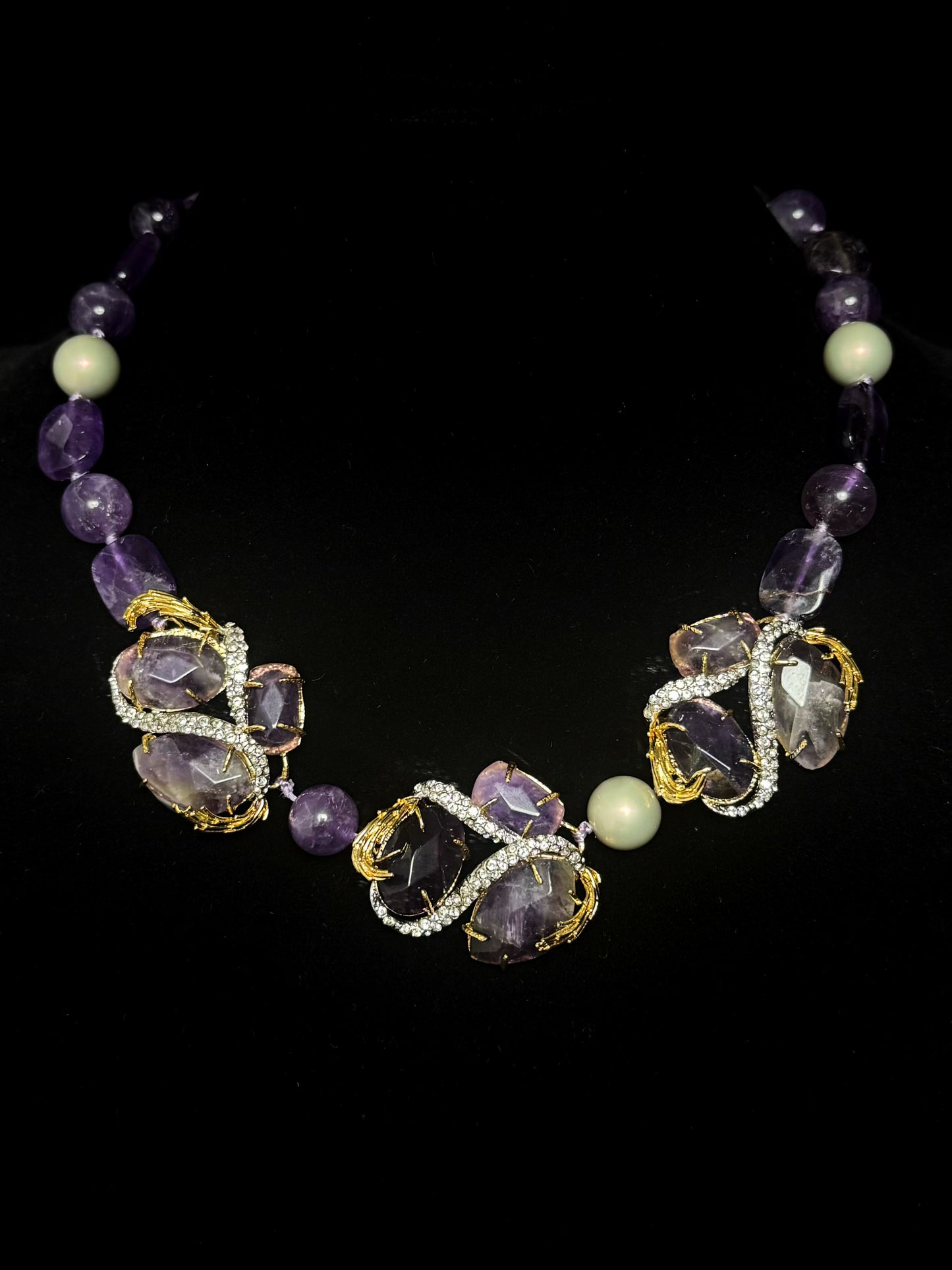Vintage Inspired Designer Statement Necklace with Gold Plating & Full-set Amethyst Crystals