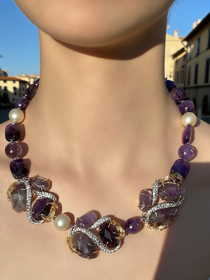 Vintage Inspired Designer Statement Necklace with Gold Plating & Full-set Amethyst Crystals