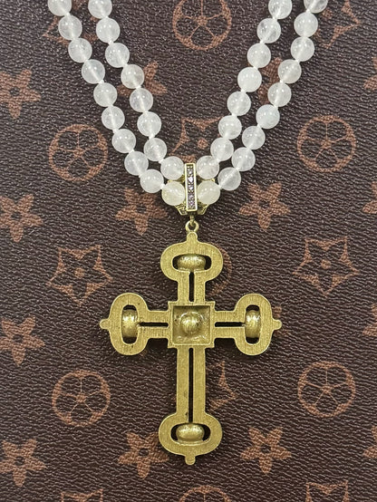 Layered White Crystal Beaded Necklace with Gold-Plated Rhinestone Cross Pendant