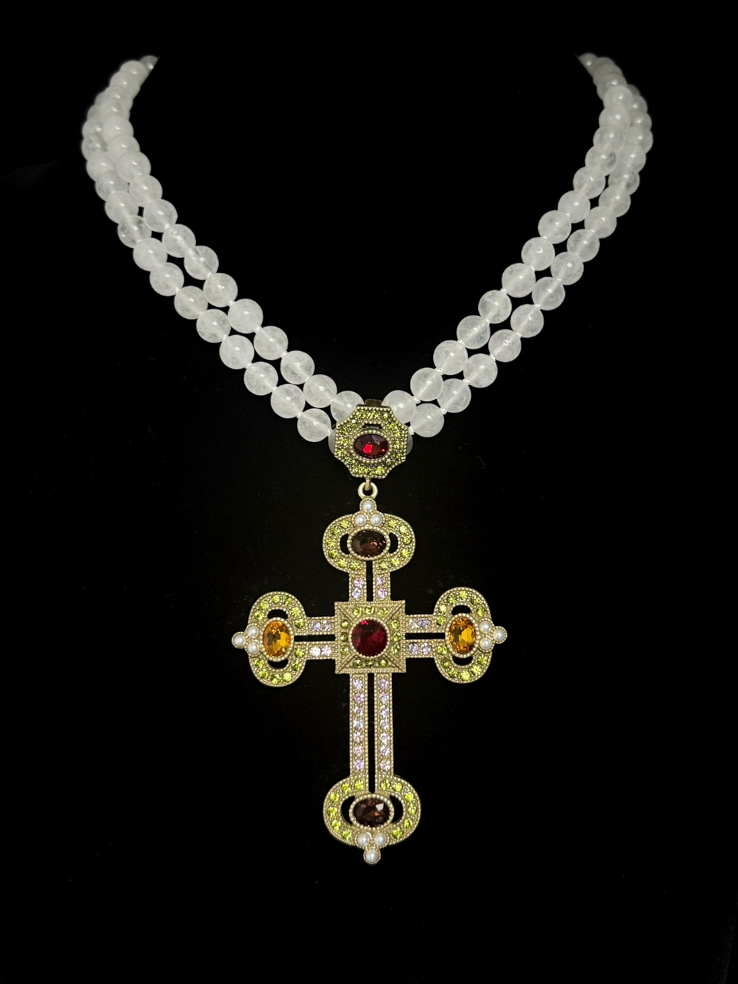 Layered White Crystal Beaded Necklace with Gold-Plated Rhinestone Cross Pendant