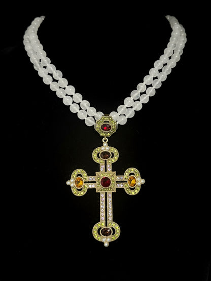 Layered White Crystal Beaded Necklace with Gold-Plated Rhinestone Cross Pendant