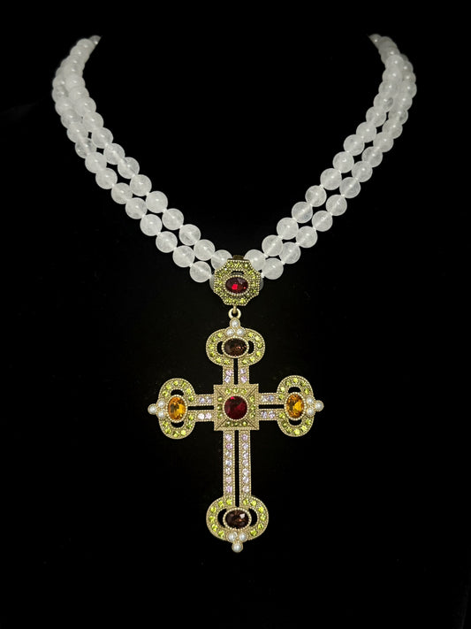Layered White Crystal Beaded Necklace with Gold-Plated Rhinestone Cross Pendant