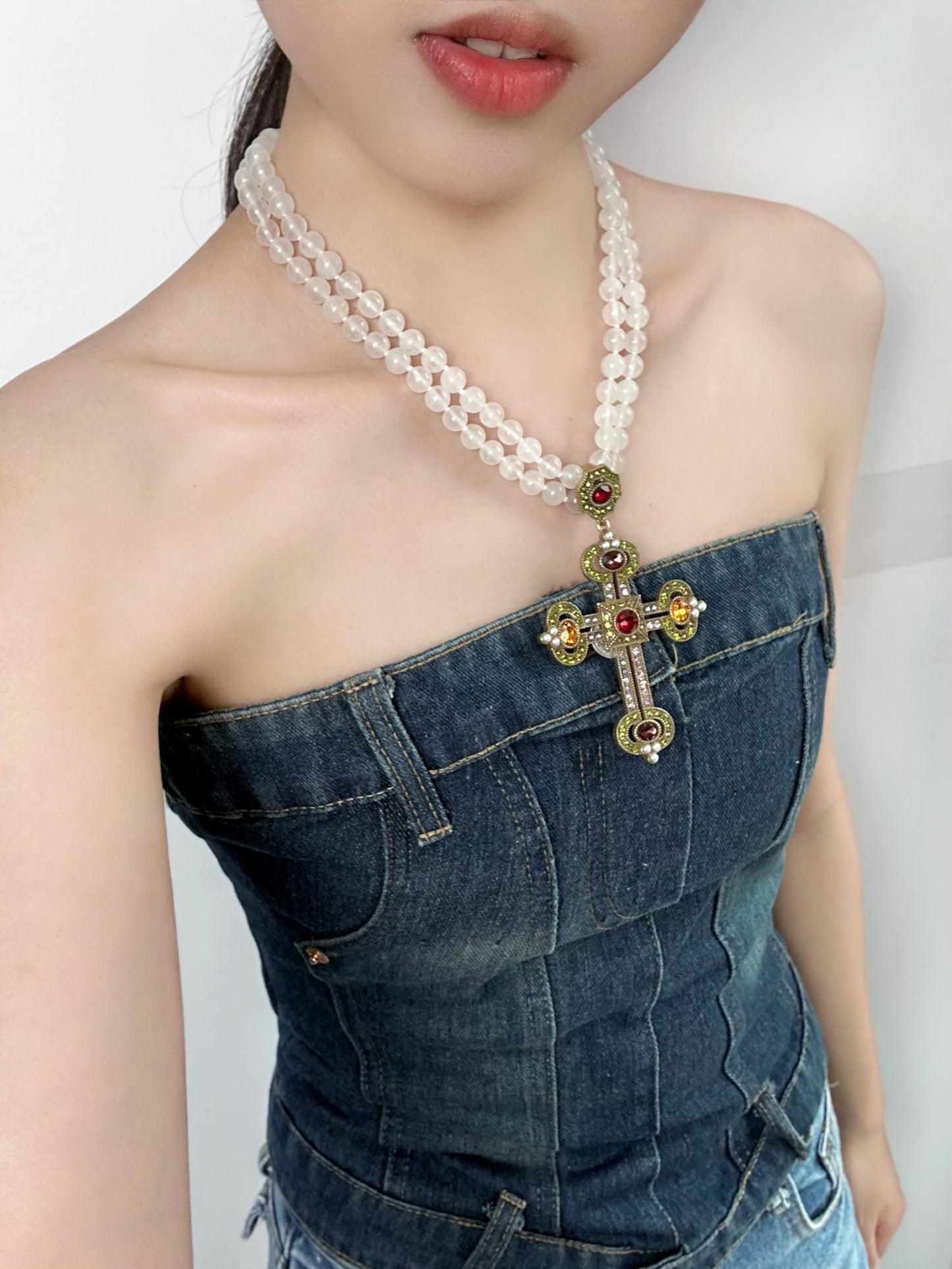 Layered White Crystal Beaded Necklace with Gold-Plated Rhinestone Cross Pendant