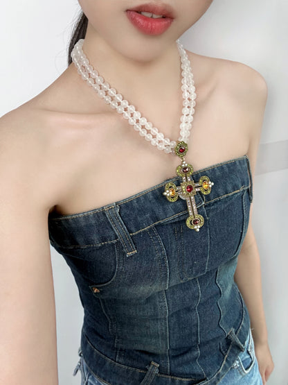 Layered White Crystal Beaded Necklace with Gold-Plated Rhinestone Cross Pendant