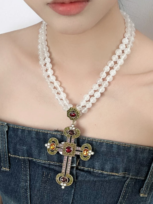 Layered White Crystal Beaded Necklace with Gold-Plated Rhinestone Cross Pendant