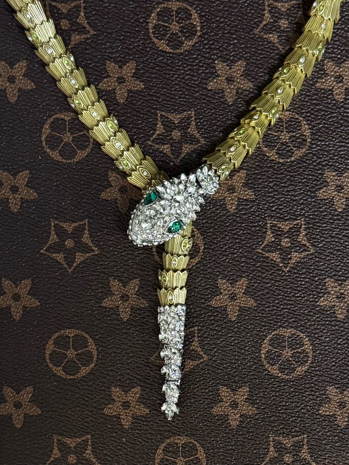 Vintage Statement Heavy Brass Snake Necklace with Full Zircon Inlay & Magnetic Clasp