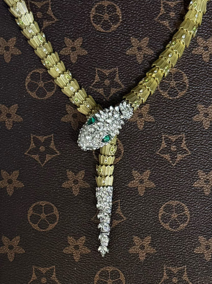 Vintage Statement Heavy Brass Snake Necklace with Full Zircon Inlay & Magnetic Clasp