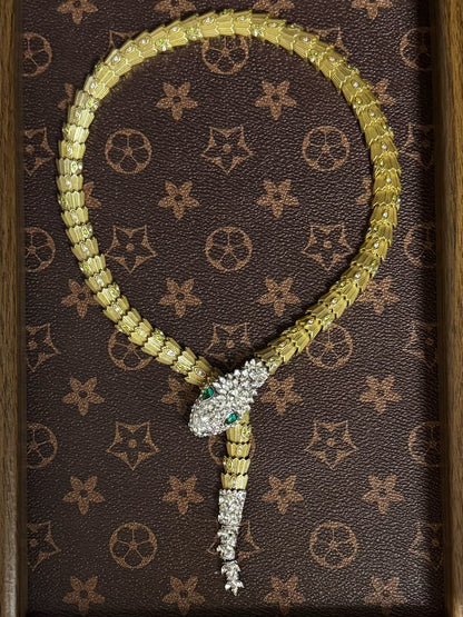 Vintage Statement Heavy Brass Snake Necklace with Full Zircon Inlay & Magnetic Clasp