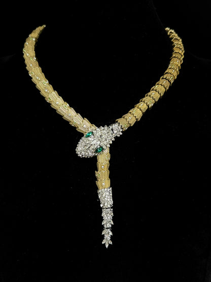 Vintage Statement Heavy Brass Snake Necklace with Full Zircon Inlay & Magnetic Clasp