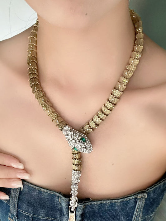 Vintage Statement Heavy Brass Snake Necklace with Full Zircon Inlay & Magnetic Clasp