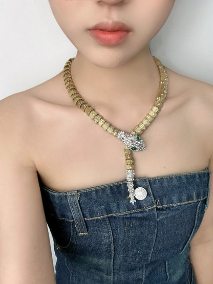 Vintage Statement Heavy Brass Snake Necklace with Full Zircon Inlay & Magnetic Clasp