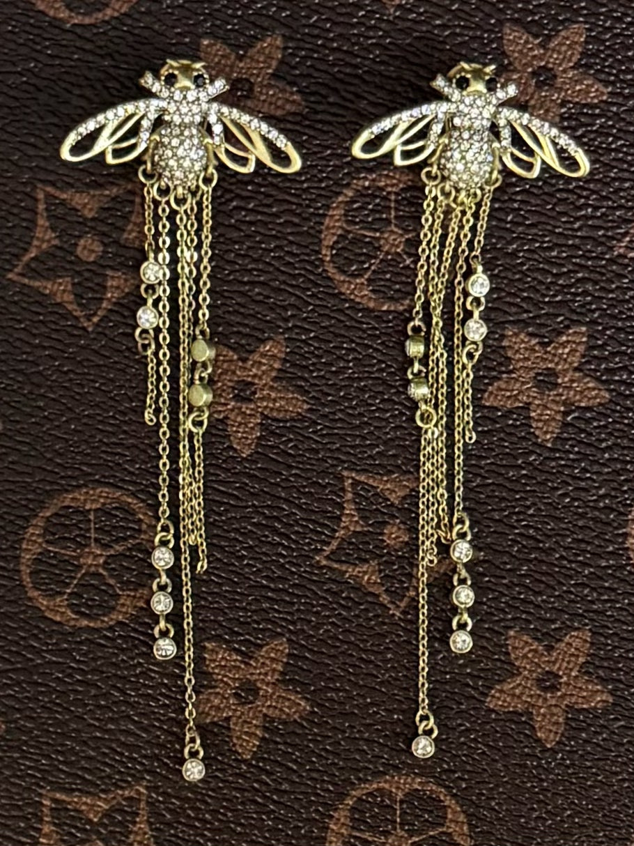 Retro Heavy Craftsmanship Copper-Plated Gold Rhinestone and Natural Lapis Lazuli Half-Circle Earrings