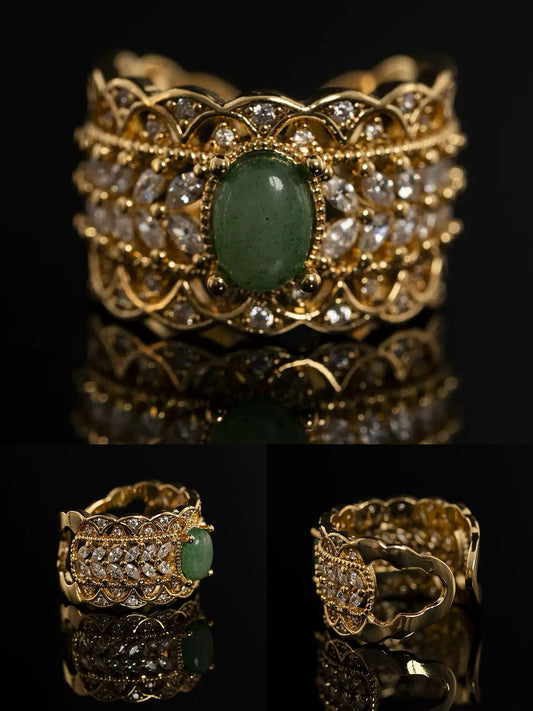 French Vintage Palace Style Openwork Lace Ring – Gold-Plated Brass with Full Zircon Inlay