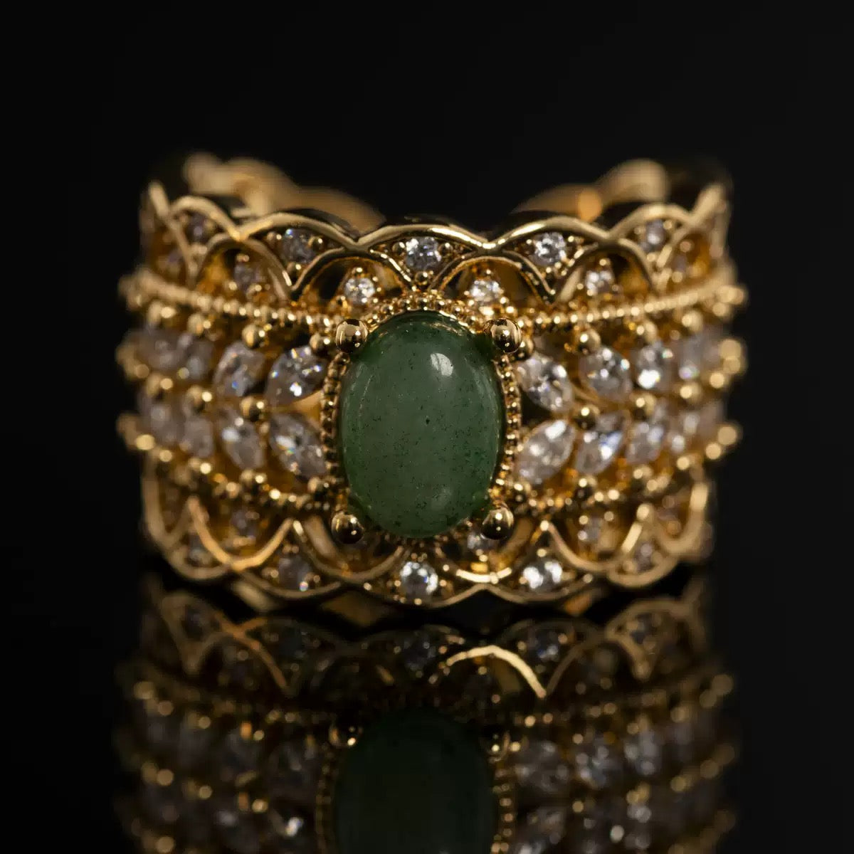 French Vintage Palace Style Openwork Lace Ring – Gold-Plated Brass with Full Zircon Inlay