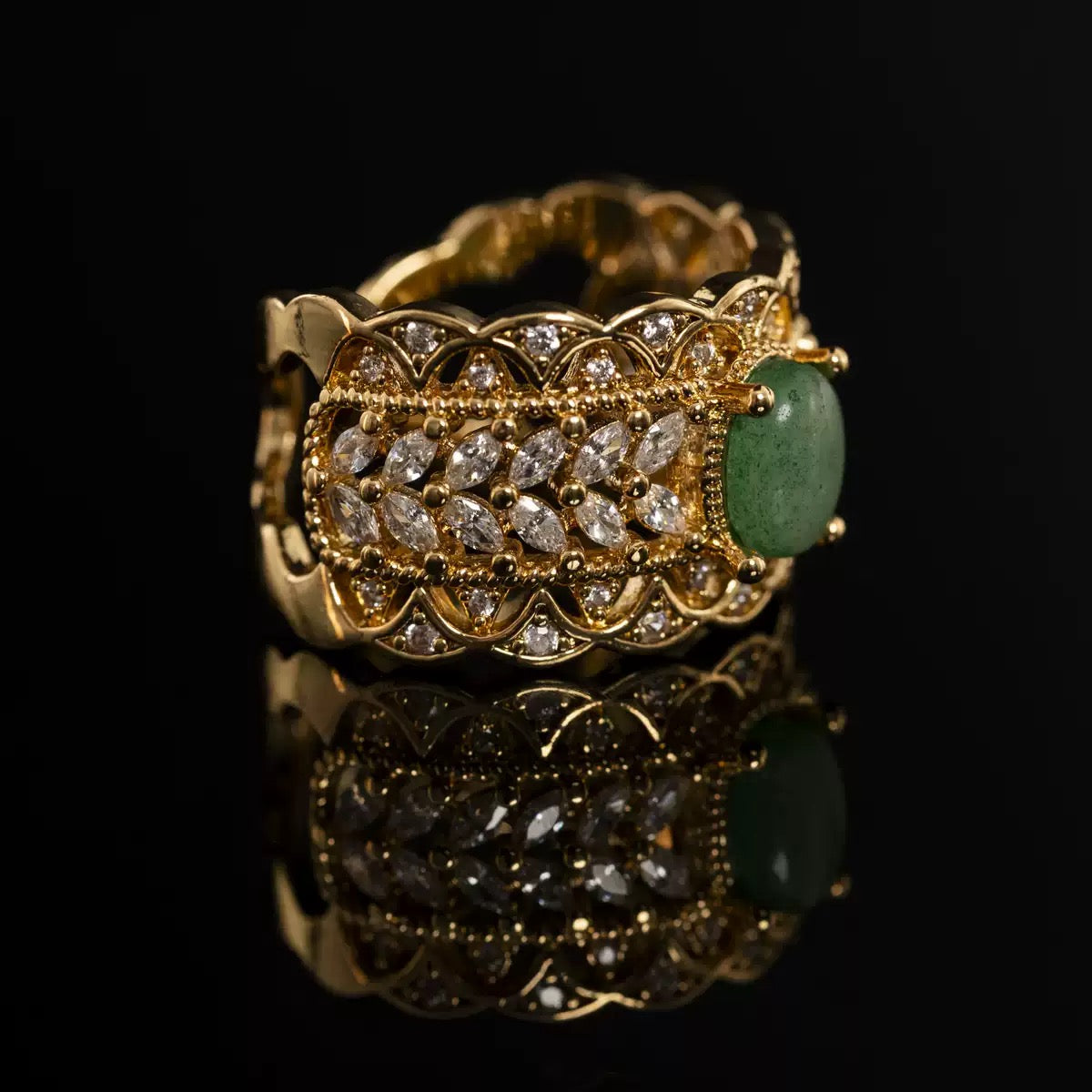 French Vintage Palace Style Openwork Lace Ring – Gold-Plated Brass with Full Zircon Inlay