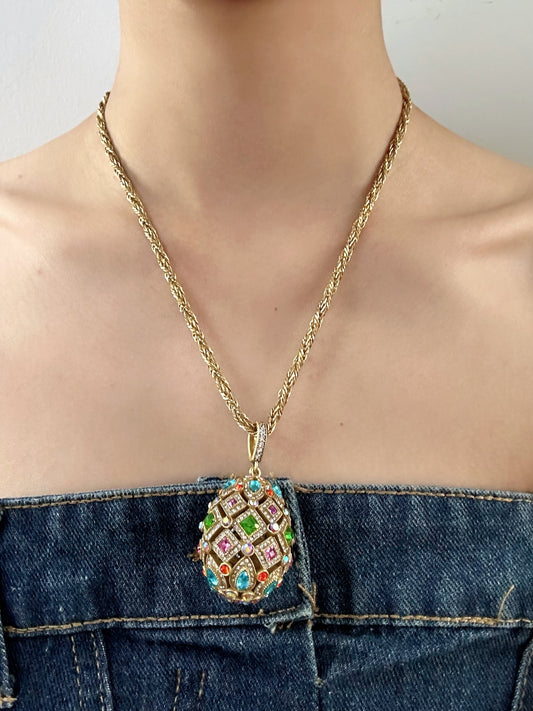 High-End Vintage Twisted Rope Chain Necklace with Hollow Enamel Egg Pendant – Gold-Plated Brass