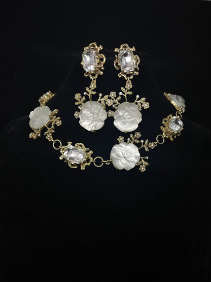Vintage Heavy-Duty Jewelry Set: Matte Finished Floral Earrings & Necklace