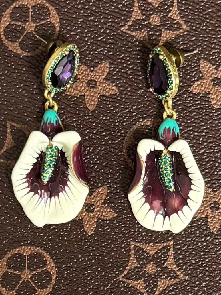 Vintage Heavywork Gold-Plated Enamel 3D Floral Stud Earrings