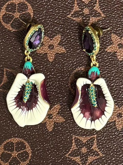 Vintage Heavywork Gold-Plated Enamel 3D Floral Stud Earrings