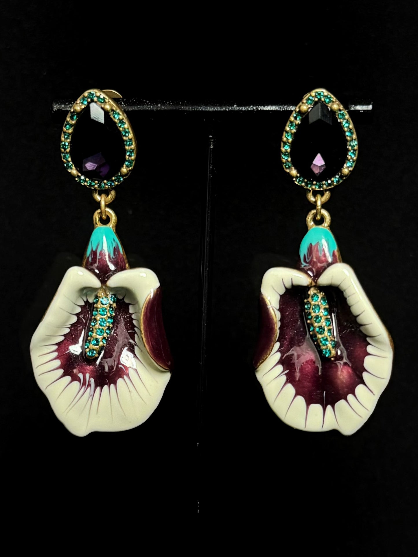 Vintage Heavywork Gold-Plated Enamel 3D Floral Stud Earrings