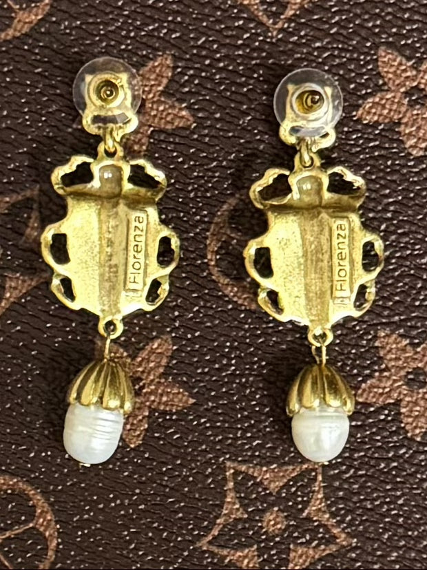 High-End Vintage Gold-Plated Enamel Insect Earrings with Baroque Pearl Drop