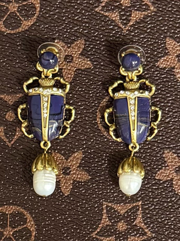 High-End Vintage Gold-Plated Enamel Insect Earrings with Baroque Pearl Drop
