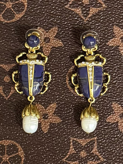 High-End Vintage Gold-Plated Enamel Insect Earrings with Baroque Pearl Drop