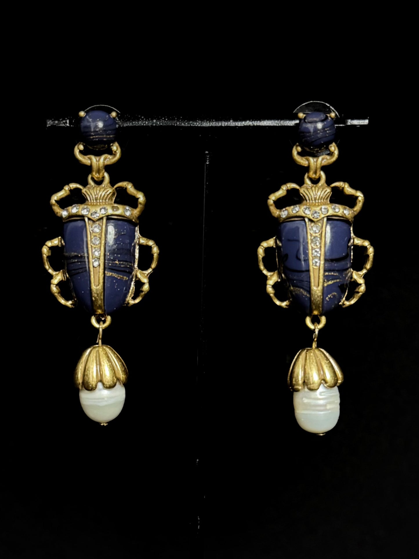 High-End Vintage Gold-Plated Enamel Insect Earrings with Baroque Pearl Drop