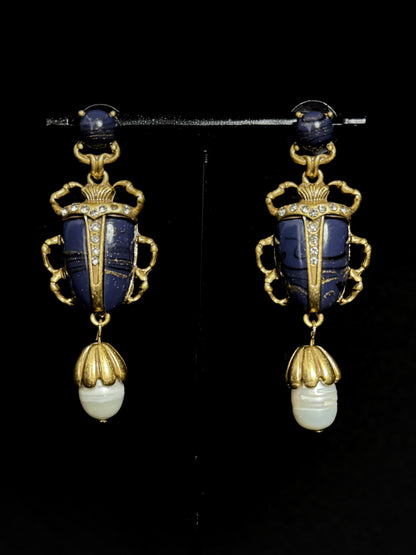 High-End Vintage Gold-Plated Enamel Insect Earrings with Baroque Pearl Drop
