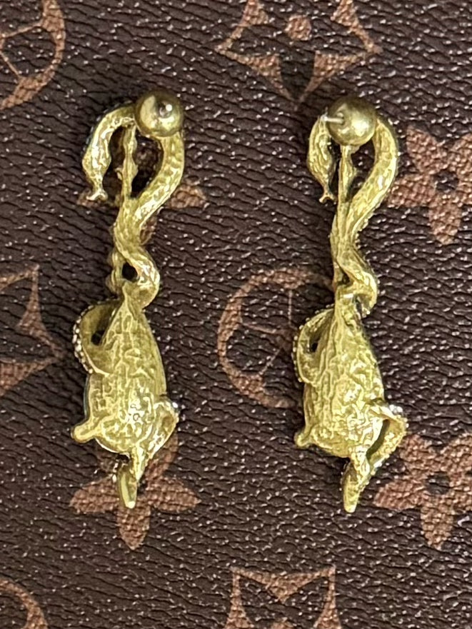 High-End Vintage Gold-Plated Snake Stud Earrings with Blue Rhinestones and Full Zircon Inlay