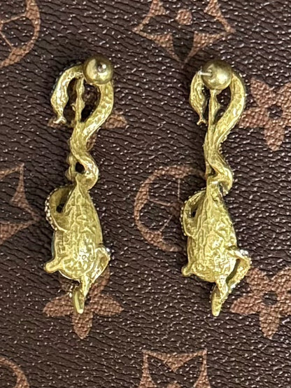High-End Vintage Gold-Plated Snake Stud Earrings with Blue Rhinestones and Full Zircon Inlay