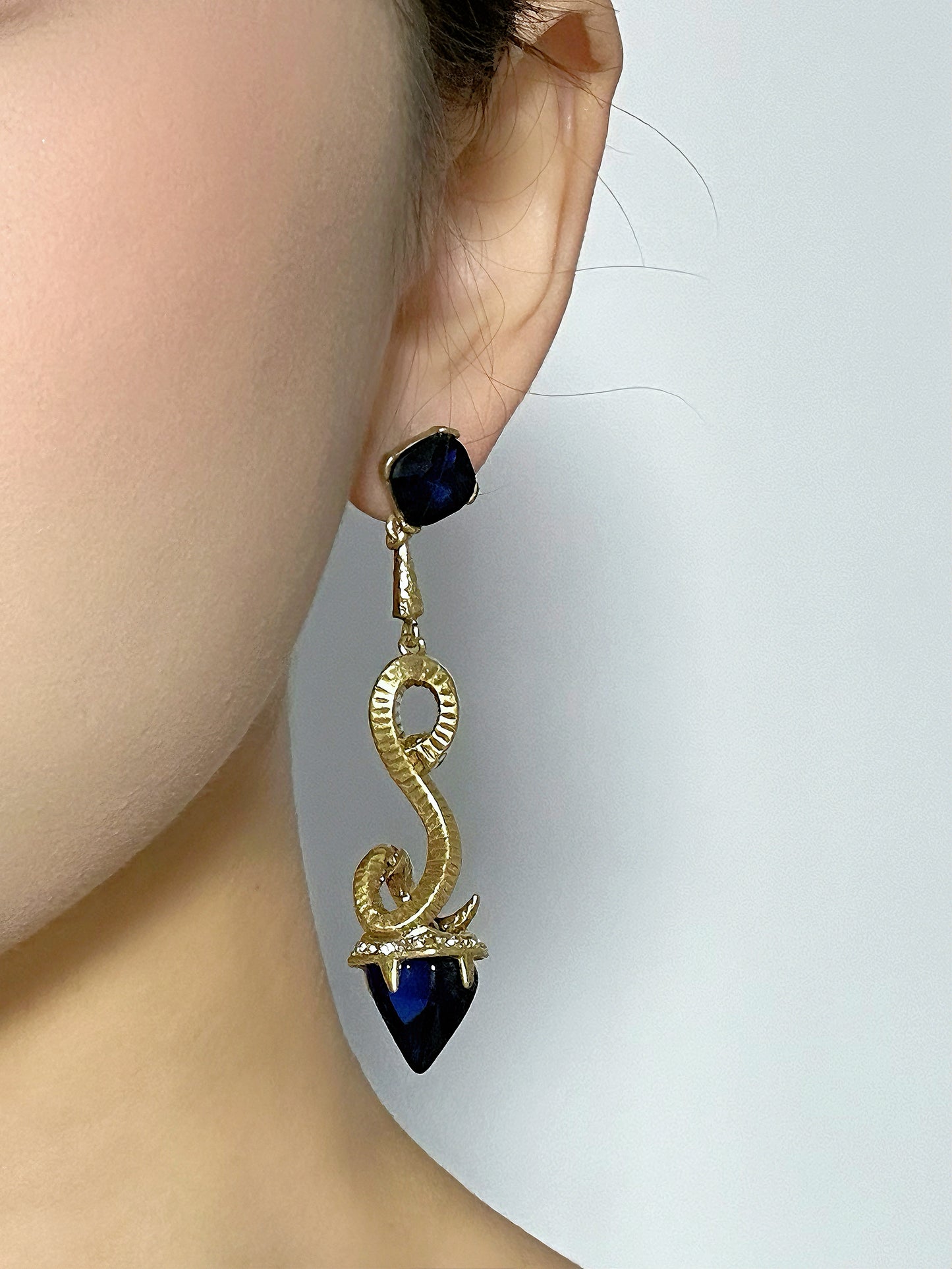 Vintage Copper Gold-Plated Little Snake Earrings with Blue Rhinestone Inlays