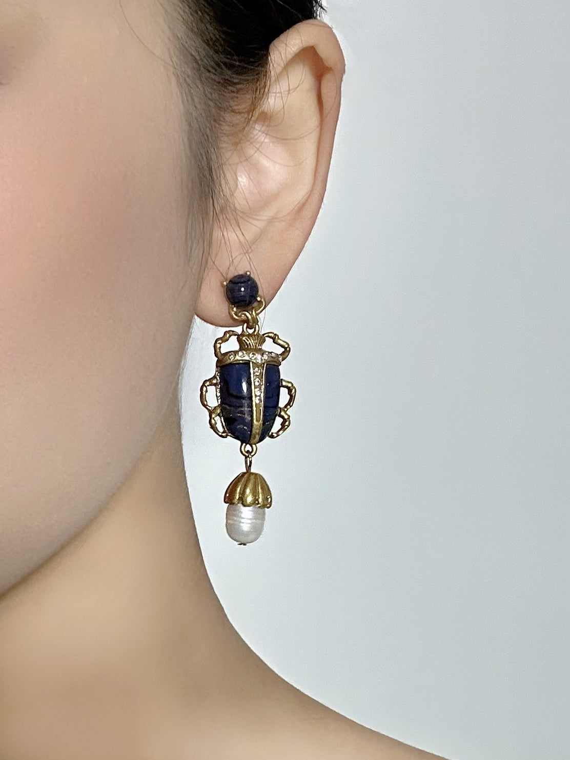 High-End Vintage Gold-Plated Enamel Insect Earrings with Baroque Pearl Drop