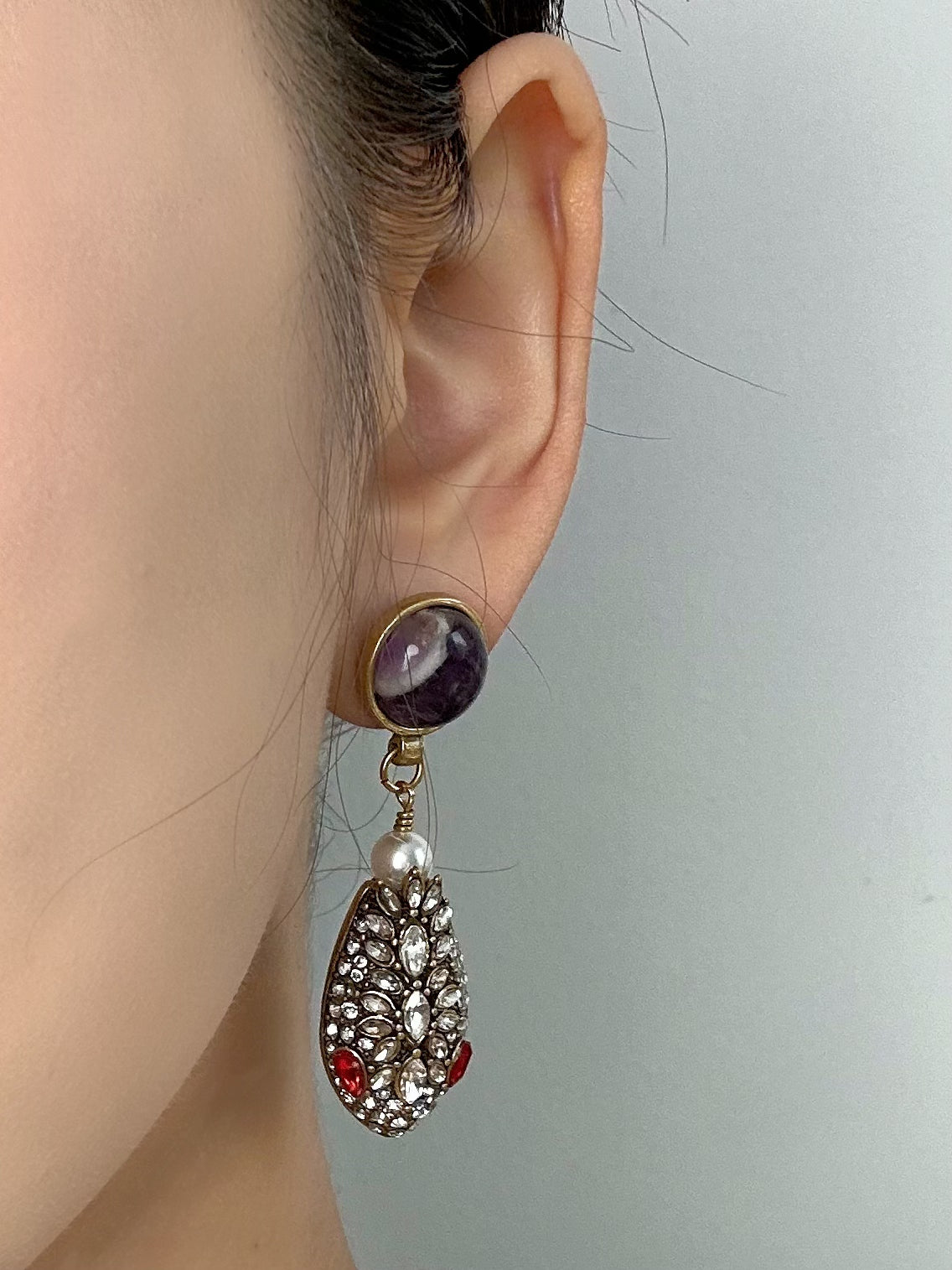 Bold Vintage Snake Head Drop Earrings – Gold-Plated Copper with Amethyst & Pavé Zircon Detailing