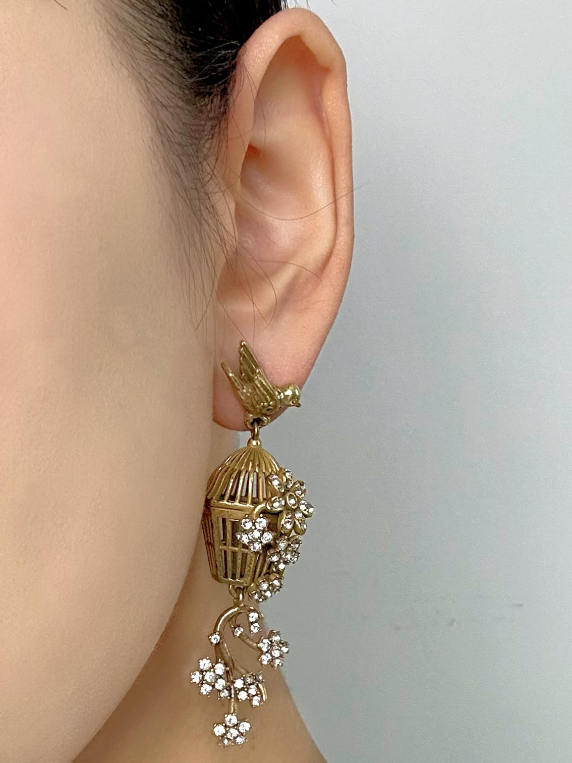 Vintage Heavywork French Gold-Plated Copper 3D Birdcage Design Earrings