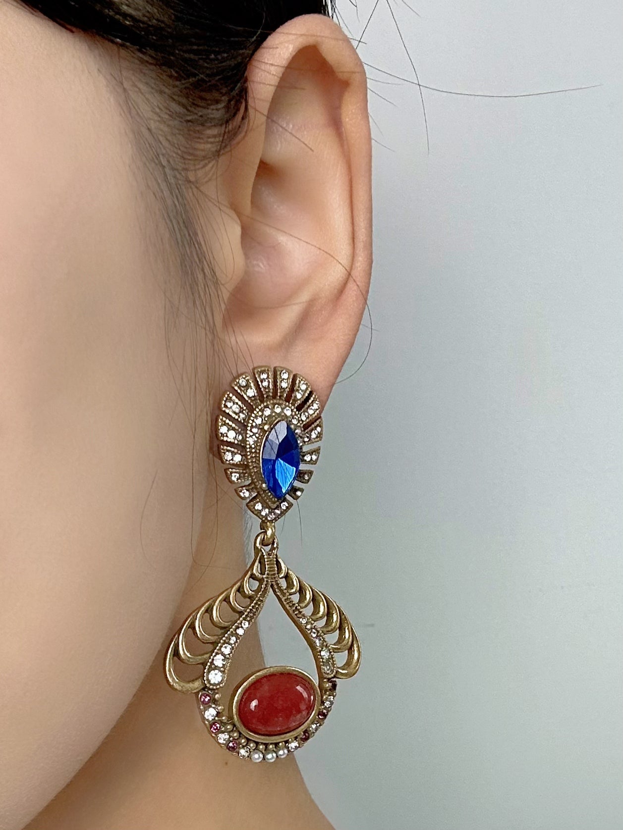Vintage Heavywork French Medieval Gold-Plated Copper Earrings with Blue Rhinestones & Red Gemstone Pendants